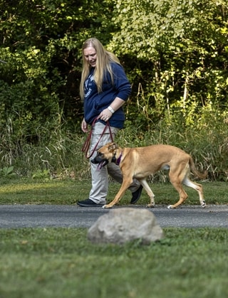 Trainer walking a tan dog on a loose leash along a wooded path